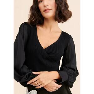 NWT Anthropologie Twofer Black Ribbed Wrap V-neck Blouse Puff Sleeves Women's XS